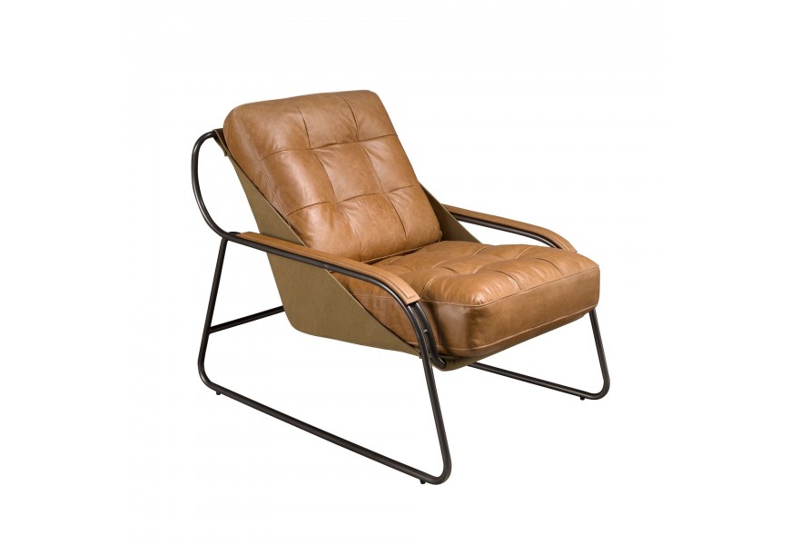 Luxusné moderné kožené kreslo Rotho v teplom hnedom odtieni s poťahom s prešívaním so štvorcovým vzorom so štíhlym rámom z nehrdzavejúcej ocele v tmavom prevedení s koženým poťahom na opierkach na ruky