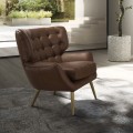 Luxusné moderné kreslo Sayron s tmavým hnedým poťahom z pravej kože s chesterfield prešívaním a zlatými nohami 85 cm