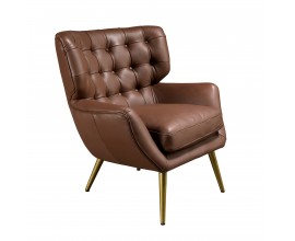 Luxusné moderné kreslo Sayron s tmavým hnedým poťahom z pravej kože s chesterfield prešívaním a zlatými nohami 85 cm