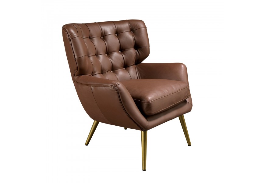 Luxusné art deco kožené hnedé kreslo Sayron s chrbtovou opierkou s prešívaním v chesterfield štýle kovovými šikmými nožičkami v lesklom zlatom prevedení