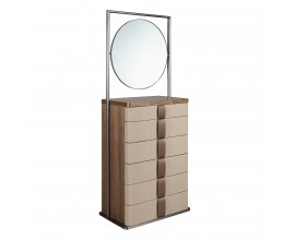 Luxusná moderná béžovo-hnedá komoda Charmoin s poťahom z pravej kože so šiestimi zásuvkami a zrkadlom 185 cm