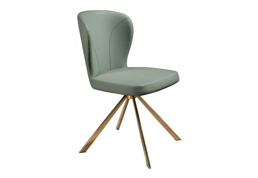 Luxusná moderná jedálenská stolička Forma Moderna s otočnou kovovou podstavou so štyrmi nohami v ružovozlatom odtieni rosegold s poťahom z ekokože v svetlej zelenej farbe s minimalistickým prešívaním