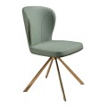 Luxusná moderná jedálenská stolička Forma Moderna s otočnou kovovou podstavou so štyrmi nohami v ružovozlatom odtieni rosegold s poťahom z ekokože v svetlej zelenej farbe s minimalistickým prešívaním