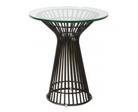 Luxusný industriálny sklenený okrúhly bronzový príručný stolík Hour s kovovou konštrukciou v tvare presýpacích hodín 58 cm 