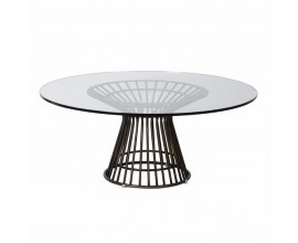 Industriálny kovový okrúhly konferenčný stolík Hour s bronzovou konštrukciou v tvare presýpacích hodín a sklenenou doskou 100 cm