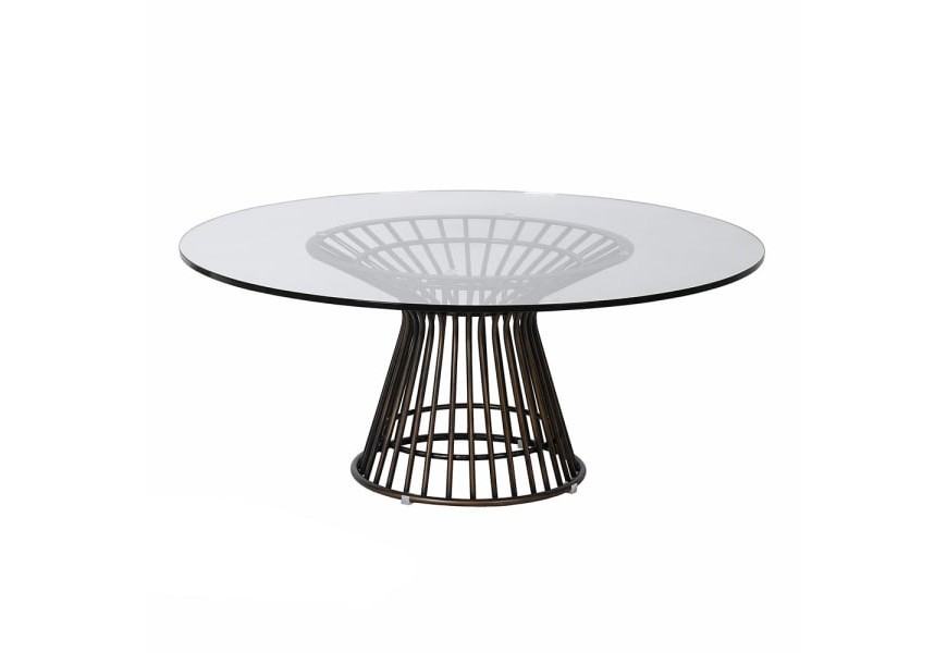 Luxusný industriálny okrúhly konferenčný stolík Hour s kovovou mosadznou konštrukciou s bronzovou patinou v tvare presýpacích hodín s tyčami pripomínajúcimi prúty a s priehľadnou tvrdenou sklenenou doskou