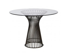 Luxusný industriálny kovový okrúhly jedálenský stôl Hour v mosadznej farbe s bronzovou patinou a sklenenou doskou 100 cm