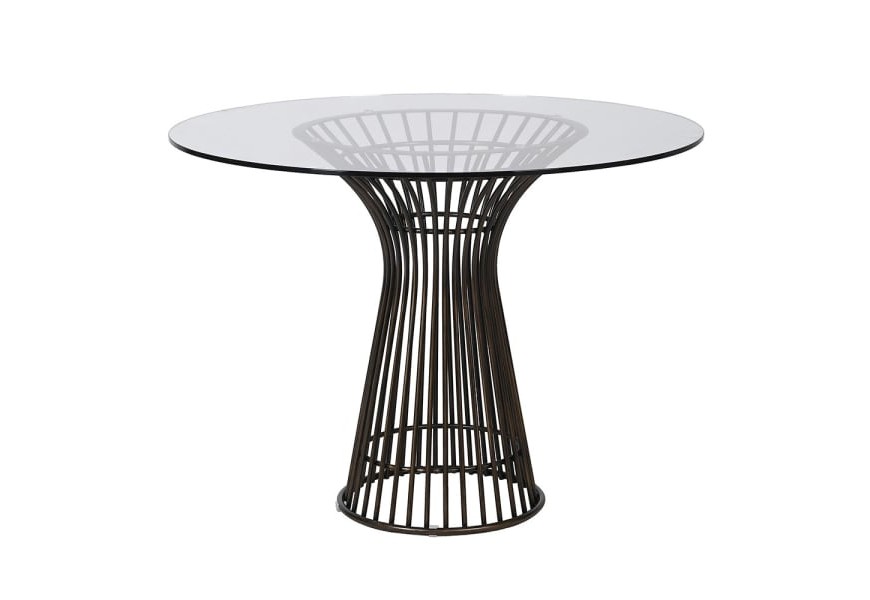 Luxusný industriálny jedálenský stôl Hour s okrúhlou sklenenou priehľadnou doskou s kovovou mosadznou konštrukciou v tvare presýpacích hodín