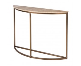 Glamour konzolový stolík Cel s béžovou travertínovou doskou a zlato-bronzovou kovovou konštrukciou v poloblúkovom tvare 110 cm 
