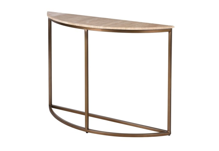 Luxusný glamour konzolový stolík Celestia s béžovou vrchnou mramorovou doskou a so zlato-bronzovou kovovou konštrukciou v poloblúkovom tvare