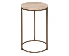 Glamour okrúhly príručný stolík Cel s béžovou travertínovou doskou a zlato-bronzovou kovovou konštrukciou 52 cm