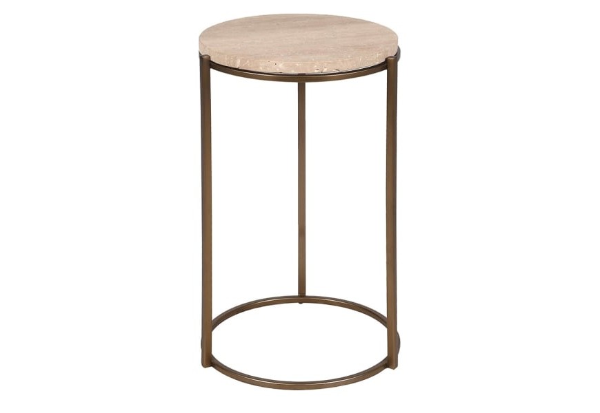 Luxusný glamour príručný stolík Celestia s béžovou okrúhlou doskou z mramoru a so zlato-bronzovou kovovou konštrukciou kopírujúcou tvar dosky