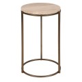 Luxusný glamour príručný stolík Celestia s béžovou okrúhlou doskou z mramoru a so zlato-bronzovou kovovou konštrukciou kopírujúcou tvar dosky