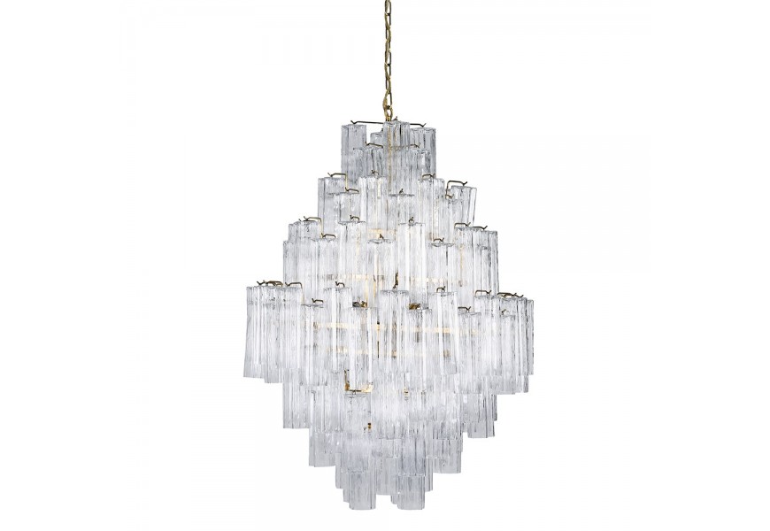 Luxusný dizajnový sklenený viacúrovňový luster Ayva s priehľadným tienidlom z trubičiek a konštrukciou z kovu v zlatej farbe so závesnou reťazou