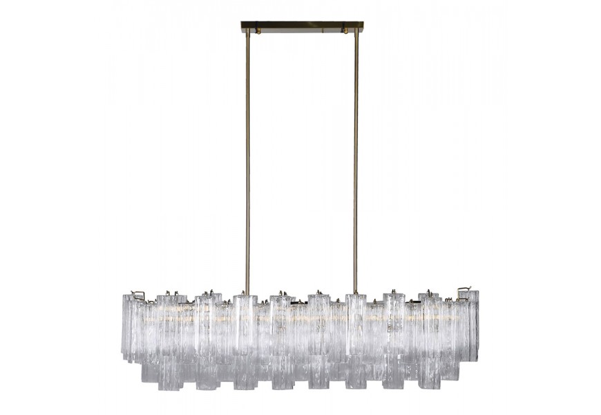Luxusný sklenený luster Ayva s tienidlom v tvare obdĺžnika z priehľadných trubičiek s konštrukciou z kovu v zlatej farbe na dvoch závesných lankách