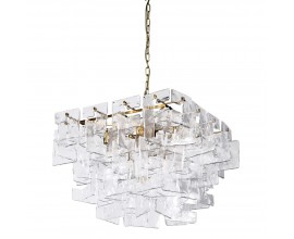 Luxusný glamour štvorcový luster Crystalis so zlatou kovovou konštrukciou a dvojposchodovým tienidlom z prekladaných štruktúrovaných sklenených priehľadných doštičiek