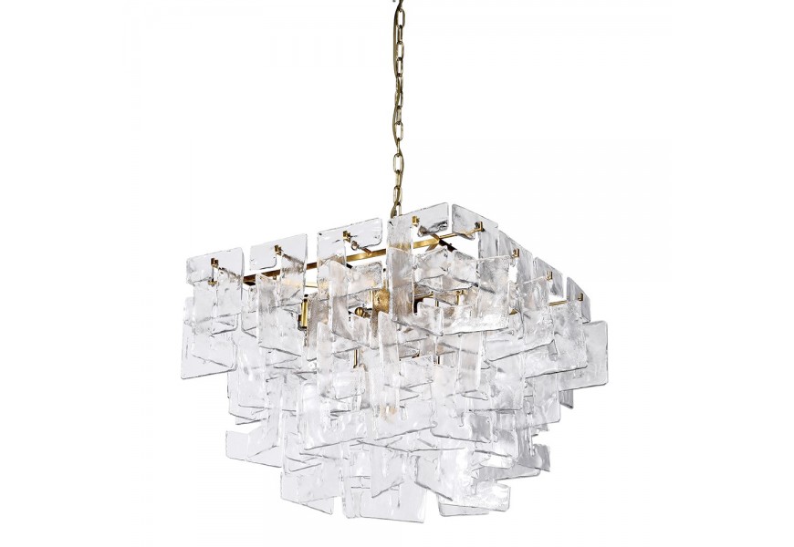 Luxusný glamour štvorcový luster Crystalis so zlatou kovovou konštrukciou a dvojposchodovým tienidlom z prekladaných štruktúrovaných sklenených priehľadných doštičiek