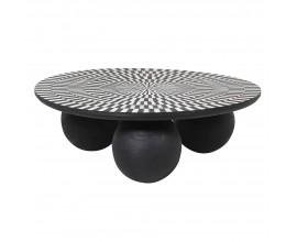 Luxusný art deco čierno biely okrúhly stolík Siciliano mangového dreva s kosťovou intarziou a tromi guľatými nohami s lúčovým vzorom