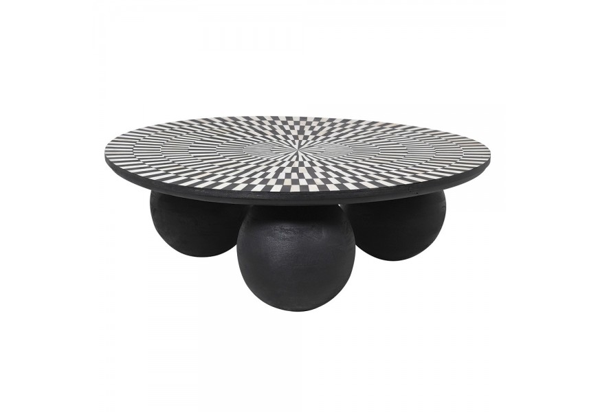 Luxusný art deco čierno biely okrúhly stolík Siciliano mangového dreva s kosťovou intarziou a tromi guľatými nohami s lúčovým vzorom