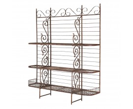 Luxusný vintage záhradný kovový regál Rustique s tromi poličkami z kovových tyčí s hrdzavou medenou povrchovou úpravou so špirálovými dekoráciami a oblými hranami