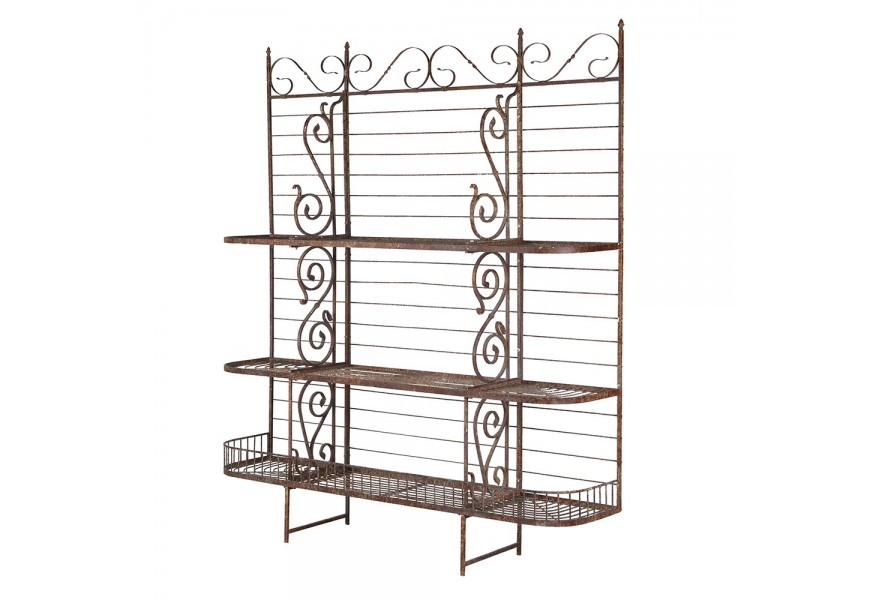 Luxusný vintage záhradný kovový regál Rustique s tromi poličkami z kovových tyčí s hrdzavou medenou povrchovou úpravou so špirálovými dekoráciami a oblými hranami