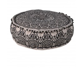 Štýlový etno sedací vankúš Samira okrúhleho tvaru z bavlny s béžovým podkladom a čiernym vzorovaním s dekoratívnymi guličkami na vrchnom leme