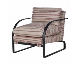 Luxusné retro čalúnené hnedé kreslo Artero s kovovou konštrukciou a pruhovaným poťahom z juty a bavlny 86 cm