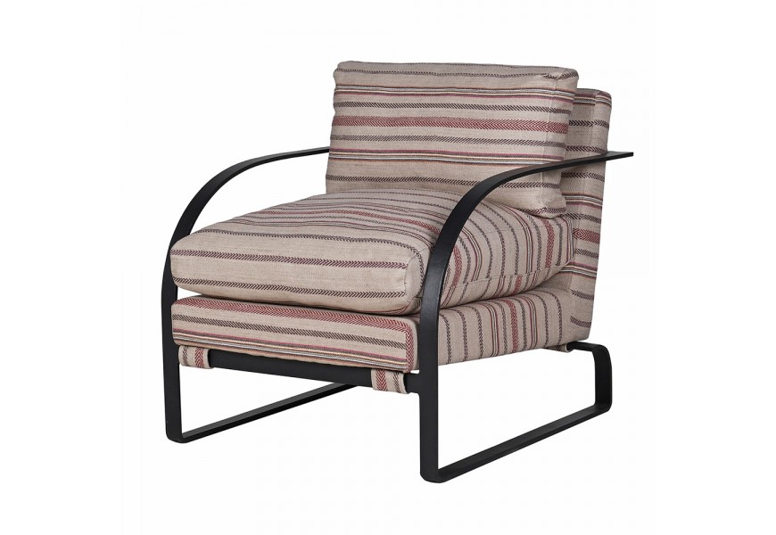 Luxusné retro čalúnené hnedé kreslo Artero s kovovou konštrukciou a pruhovaným poťahom z juty a bavlny 86 cm