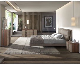 Luxusná moderná zostava nábytku do spálne Charmoin s orechovým hnedým drevom a béžovo kožou