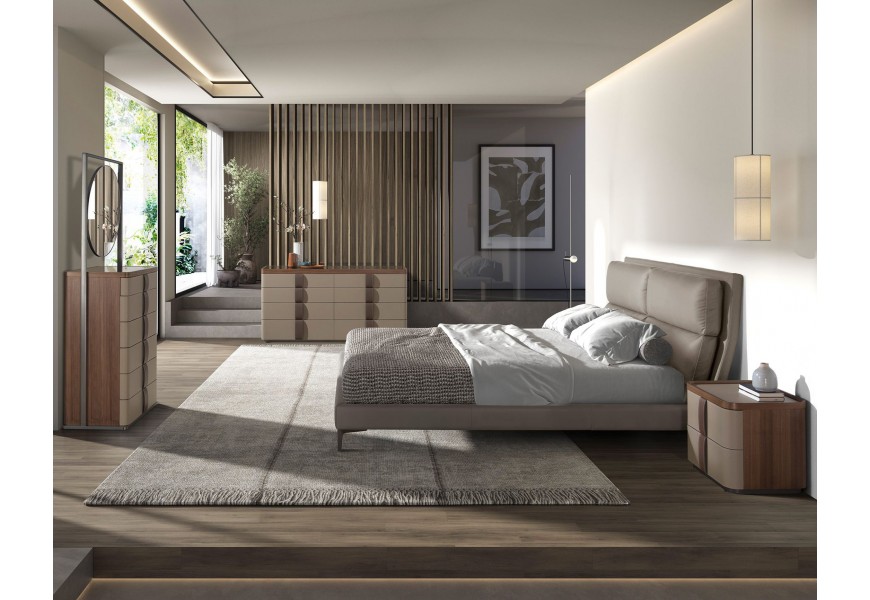 Luxusná moderná zostava nábytku do spálne Charmoin s orechovým hnedým drevom a béžovo kožou