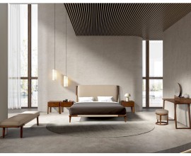 Luxusná zostava čalúneného koženého nábytku do spálne Vita Naturale s béžovým poťahom a orechovo hnedým drevom s manželskou posteľou a lavicou s toaletným stolíkom so zrkadlom a taburetkou