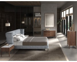 Luxusná moderná zostava spálňového nábytku Forma Moderna s modrou posteľou a mramorovo-drevenými úložnými priestormi