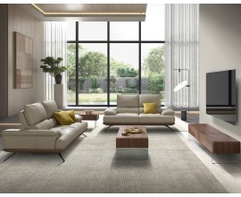 Luxusná moderná zostava obývacieho nábytku Vita Naturale so svetlou sivou kožou a orechovým hnedým drevom so sklom