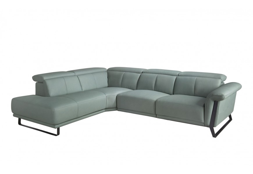 Luxusná moderná sedačka Vita Naturale do ľavého alebo pravého rohu s poťahom z pravej kože v modrozelenom pastelovom odtieni s nožičkami z nehrdzavejúcej ocele v čiernej farbe s polohovateľnými opierkami hlavy a vysúvateľnou podnožkou