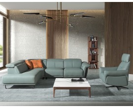 Luxusná moderná obývacia zostava Vita Naturale s koženým modrozeleným poťahom a akcentami z mramoru a orechového dreva