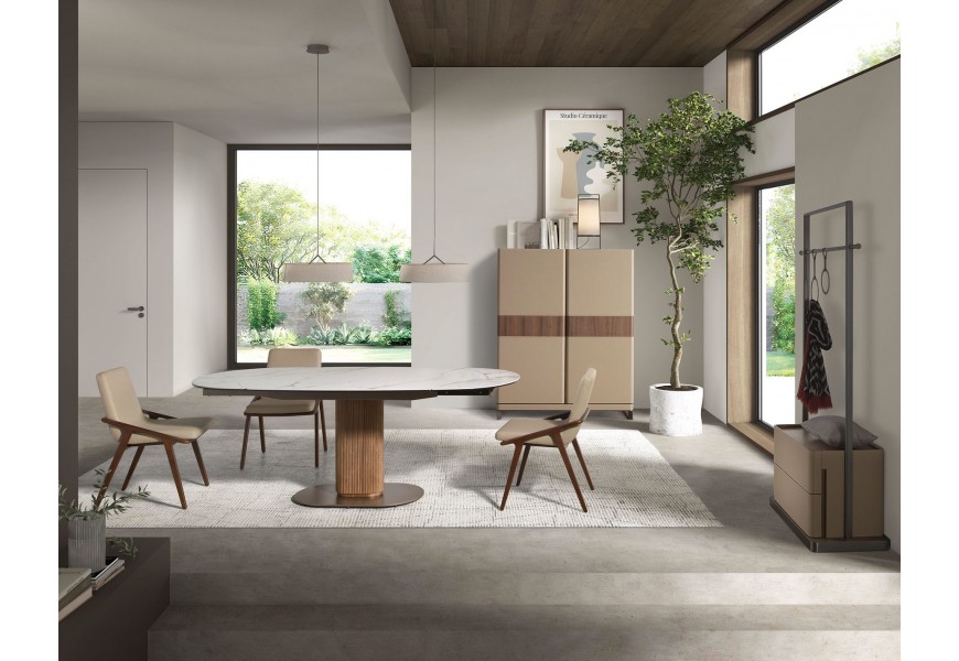 Luxusná moderná jedálenská zostava Vita Naturale s jedálenským stolom s bielou mramorovou doskou so stoličkami a barovou skrinkou a vešiakom s poťahom z kože v béžovej farbe z hnedého orechového dreva