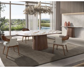 Luxusná mramorová jedálenská zostava Vita Naturale s orechovým hnedým drevom a béžovým koženým čalúnením