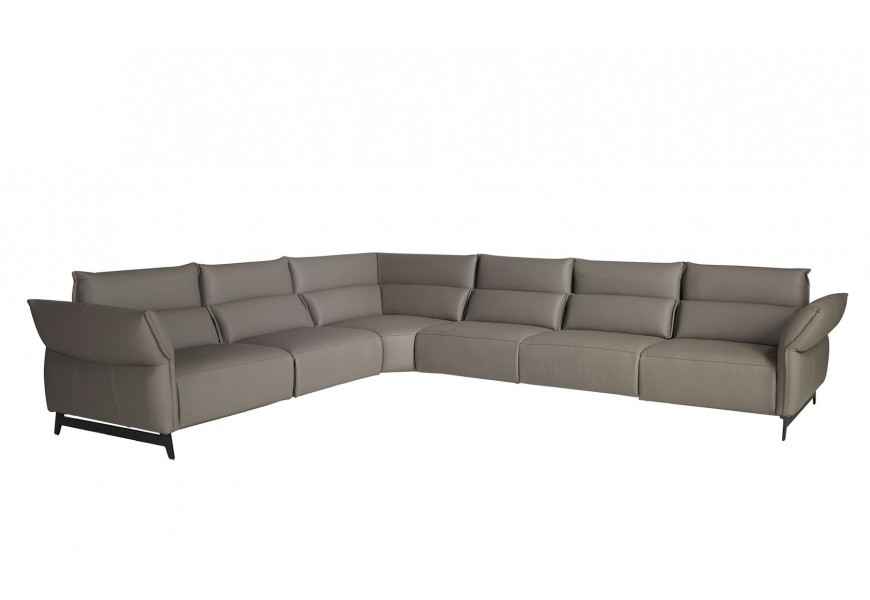 Luxusná moderná päťmiestna sedačka Vita Naturale s modulárnym pravým alebo ľavým rohom s poťahom z pravej kože v sivej farbe s čiernymi nožičkami  s dvomi polohovateľnými miestami s minimalistickým prešívaním
