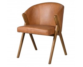 Luxusná dizajnová jedálenská stolička Club s atypickými skosenými opierkami s poťahom z hnedej pravej kože a konštrukciou 80 cm
