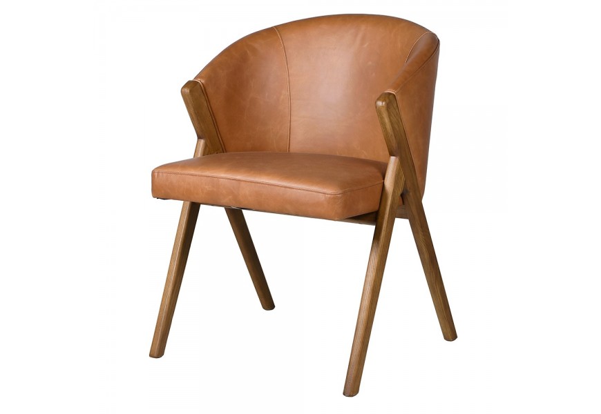 Luxusná dizajnová jedálenská stolička Club s atypickými skosenými opierkami s poťahom z hnedej pravej kože a konštrukciou 80 cm