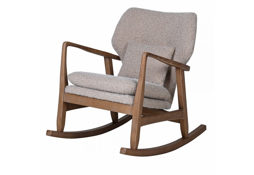 Retro hojdacie kreslo Armonia so sivým poťahom s plsteným efektom a jaseňovou konštrukciou v hnedej farbe s vankúšom