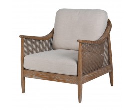 Retro kreslo Armonia z jaseňového dreva s bielou patinou s viedenským výpletom na bokoch a sivým textilným čalúnením