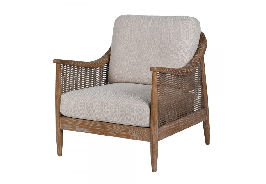 Retro kreslo Armonia z jaseňového dreva s bielou patinou s viedenským výpletom na bokoch a sivým textilným čalúnením