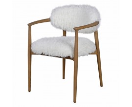 Retro jedálenská stolička Cozy s bielym kožušinovým poťahom a jaseňovou hnedou konštrukciou 80 cm