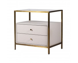 Luxusný art deco krémový nočný stolík Auron so zlatou konštrukciou a sklenenou doskou s dvomi zásuvkami 65 cm