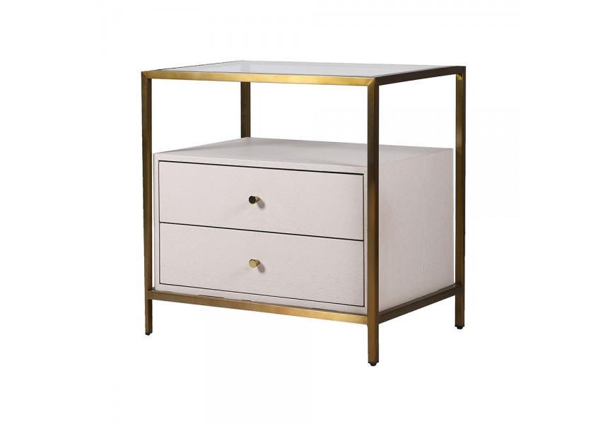 Luxusný art deco krémový nočný stolík Auron so zlatou konštrukciou a sklenenou doskou s dvomi zásuvkami 65 cm