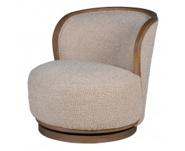 Luxusné retro otočné kreslo Cozy s béžovým teddy poťahom a hnedou drevenou podstavou s oblou opierkou v tvare U bez bočných opierok