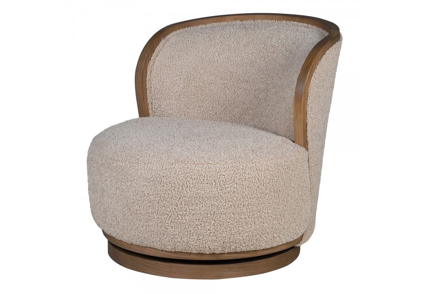 Luxusné retro otočné kreslo Cozy s béžovým teddy poťahom a hnedou drevenou podstavou s oblou opierkou v tvare U bez bočných opierok