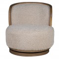 Luxusné retro otočné okrúhle kreslo Cozy s béžovým teddy poťahom a drevenou podstavou 90 cm