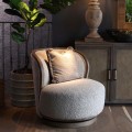 Luxusné retro otočné okrúhle kreslo Cozy s béžovým teddy poťahom a drevenou podstavou 90 cm